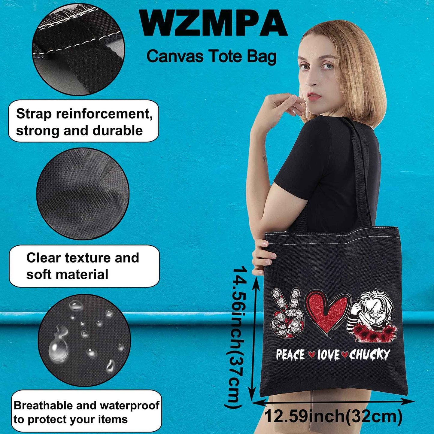 WZMPA Horror Movie Fans Cosmetic Bag, Peace Love Inspired Gift Makeup Zipper Pouch, Horror Merchandise (Peace Chuc TG BL)