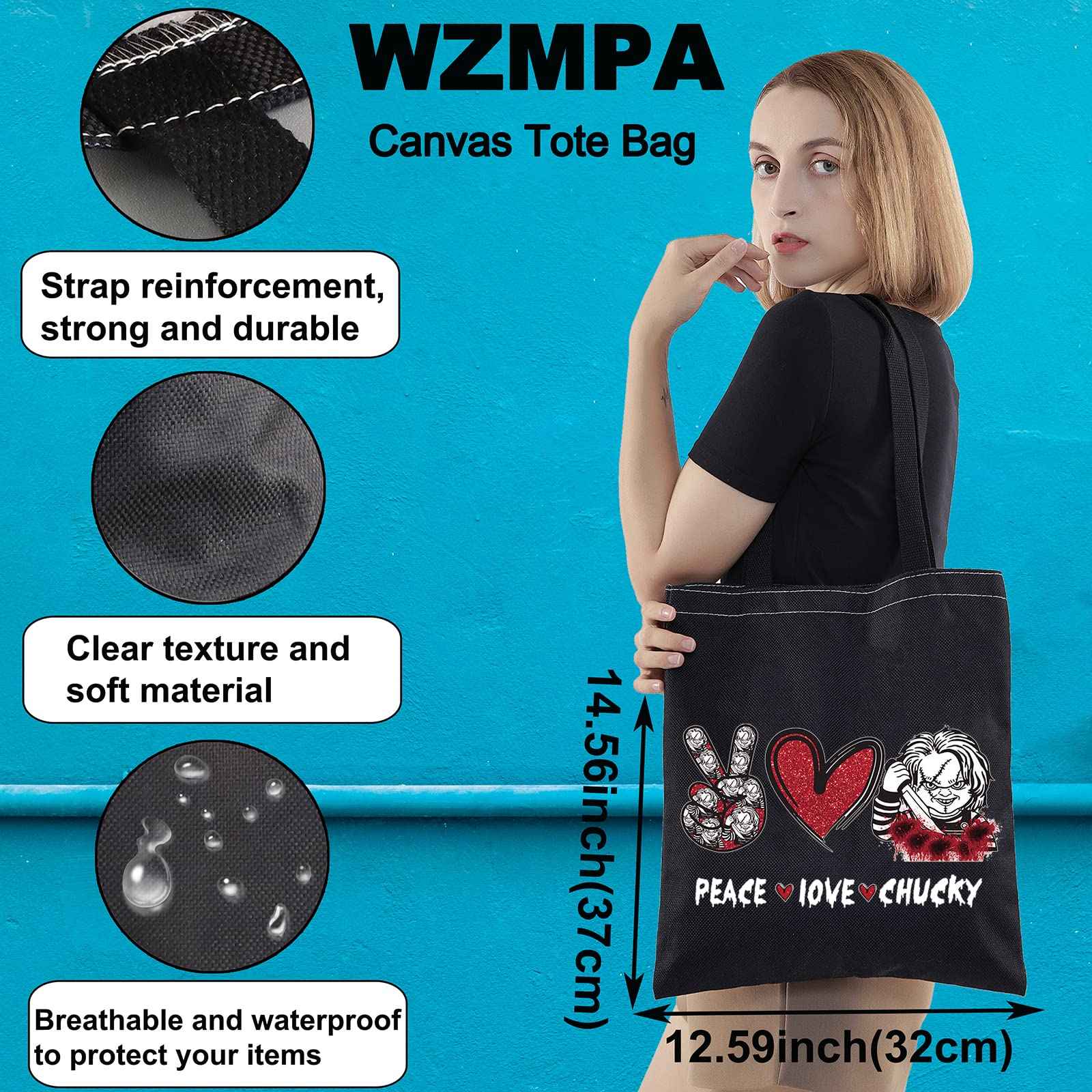 WZMPA Horror Movie Fans Cosmetic Bag, Peace Love Inspired Gift Makeup Zipper Pouch, Horror Merchandise (Peace Chuc TG BL)