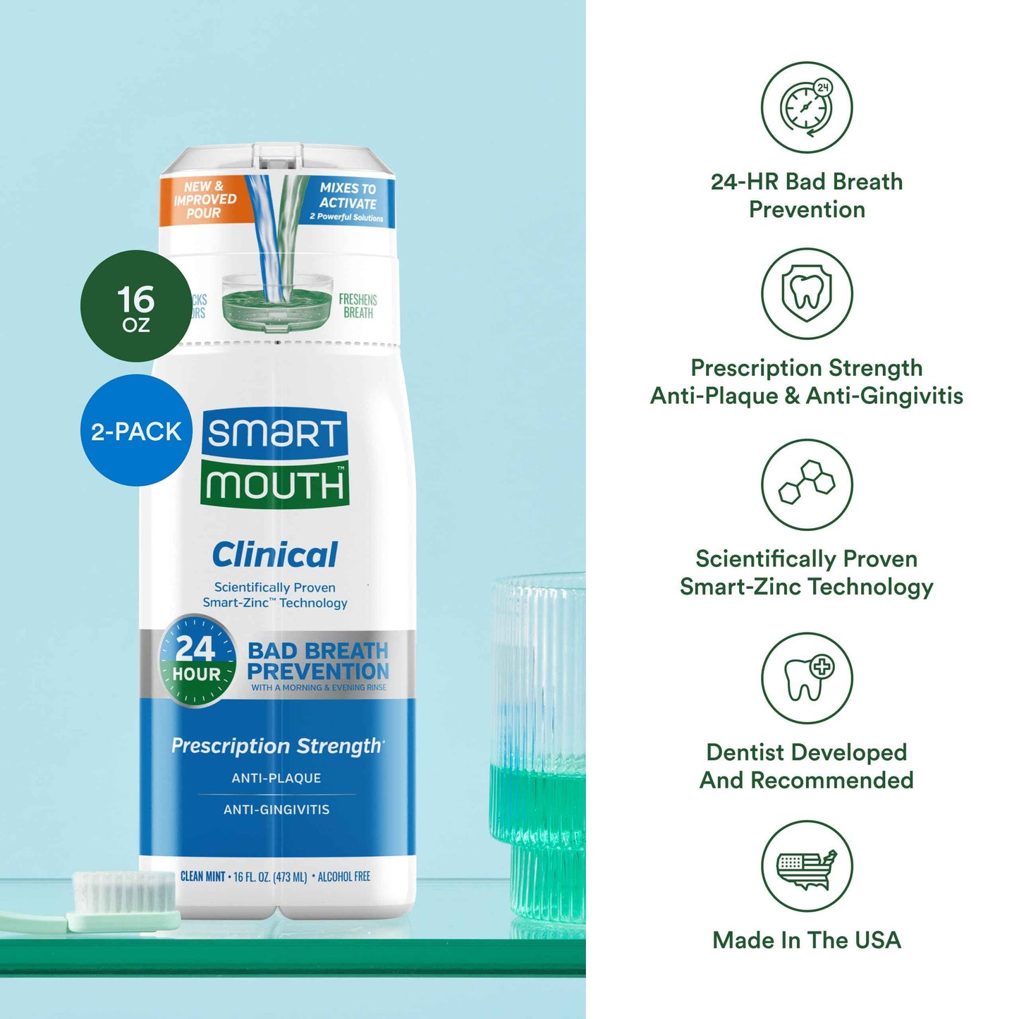 SmartMouth DDS Activated Clinical Mouthwash - Adult Mouthwash for Fresh Breath - for Gum Health, Gingivitis & More - Clean Mint Flavor, 16 fl oz (2 Pack)