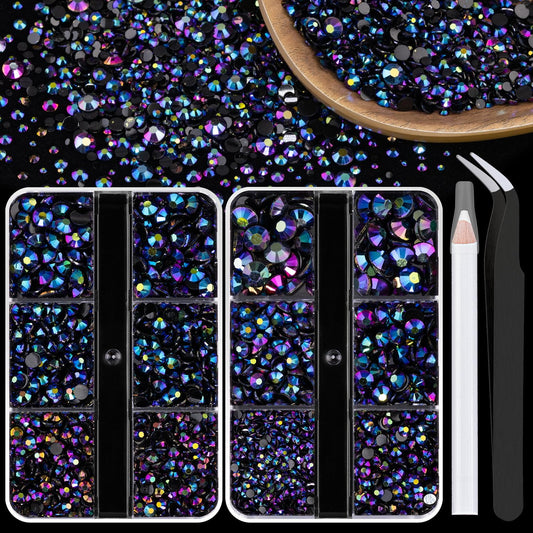 BELLEBOOST Resin Rhinestones Kits, 2/3/4/5/6mm Flatback Jelly Rhinestones, 2 Box Purplish Black AB Non Hotfix Crystal Gems for DIY Crafts Mugs Bottles Tumblers Clothes Makeup Nail Manicure