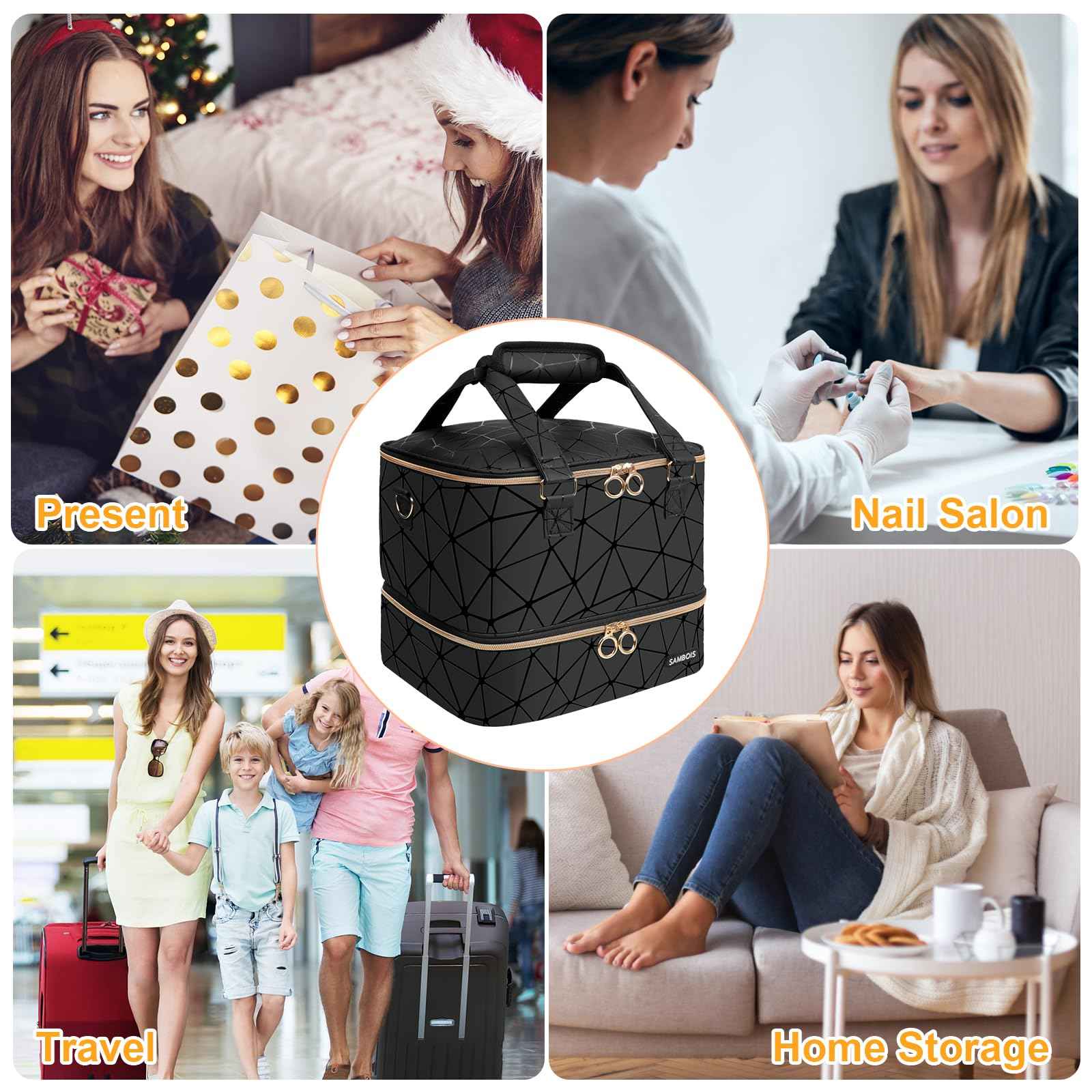 Sambois Nail Polish Organizer Bag Holds 84 Bottles (15ml/0.5 fl.oz)& Nail Lamp, PU Leather Nail Supplies Organizer with Holder& Shoulder Strap, Portable Travel Nail Kit Storage Carrying Case (Black)