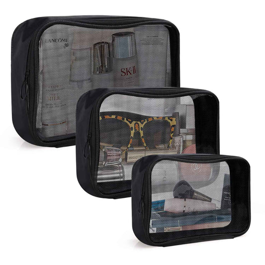 DARIN TSA Approved Clear Toiletry Bag Tansparent Travel Makeup Bag Zipper Cosmetic Pouch, Airline 3-1-1 Rule Carry-On Flight Liquid Bag For Women and Men- (2 Size 1L+1M,Clear Black) (Mesh Black)