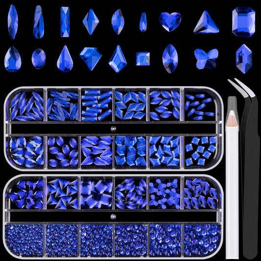 18 Styles Multi-Shaped Glass Gemstones for Nails and 6 Sizes Round Crystal Rhinestones Kit #7, Royal Blue Nail Art Charm Bead Manicure Decoration with Pickup Pencil and Tweezer