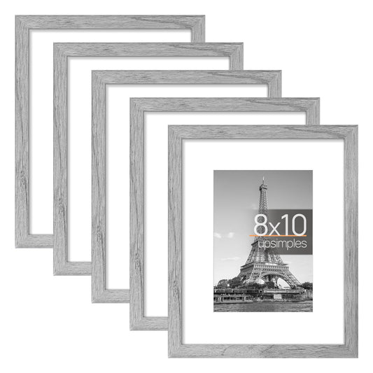 upsimples 8x10 Picture Frame Set of 5, Display Pictures 5x7 with Mat or 8x10 without Mat, Wall Gallery Photo Frames, Gray