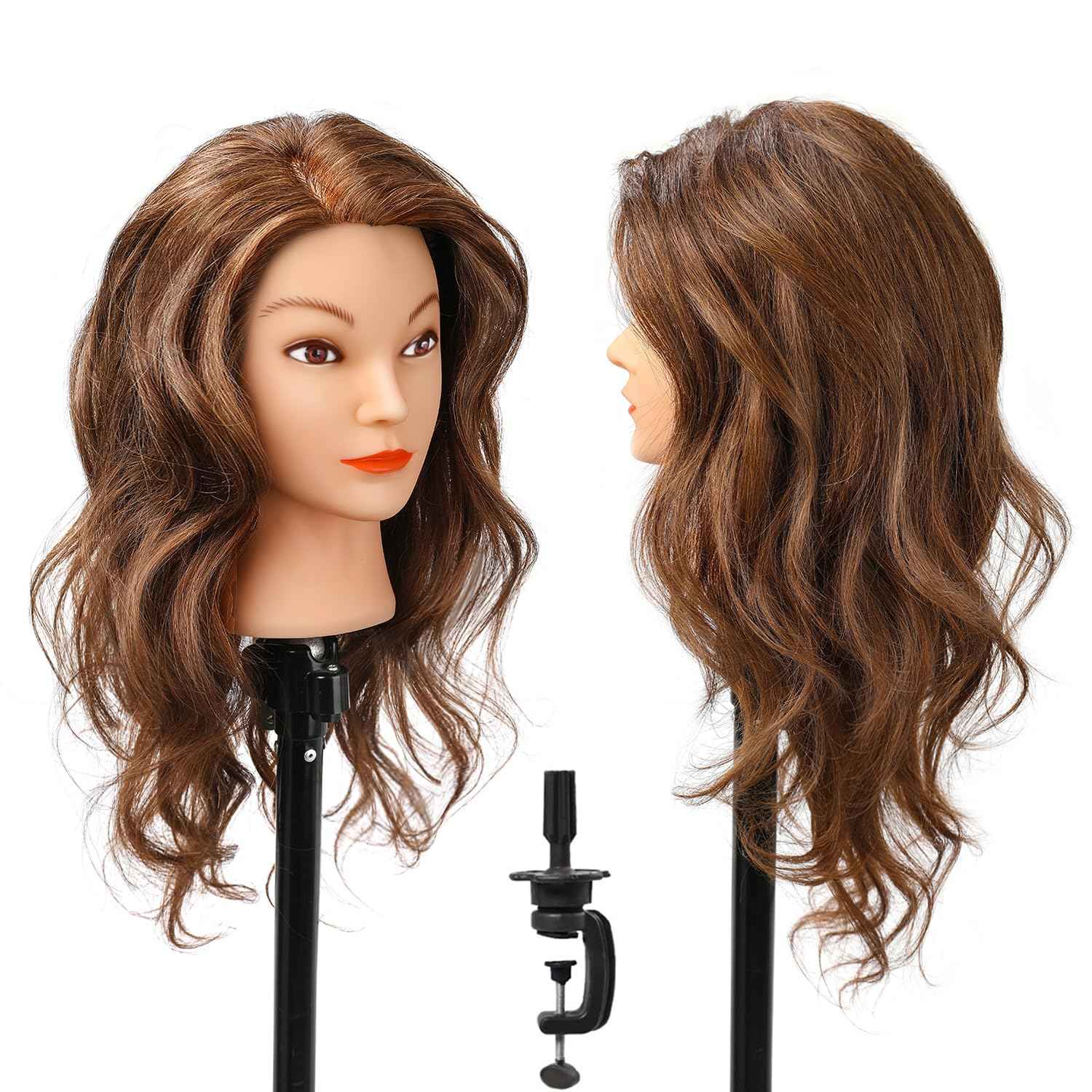 100% Human Real Hair Mannequin Head with 9 Tools and Clamp, Hairdressers' Practice Training Manikin Head and Cosmotology Doll Head for Hairstyling and Braid - Dark Brown