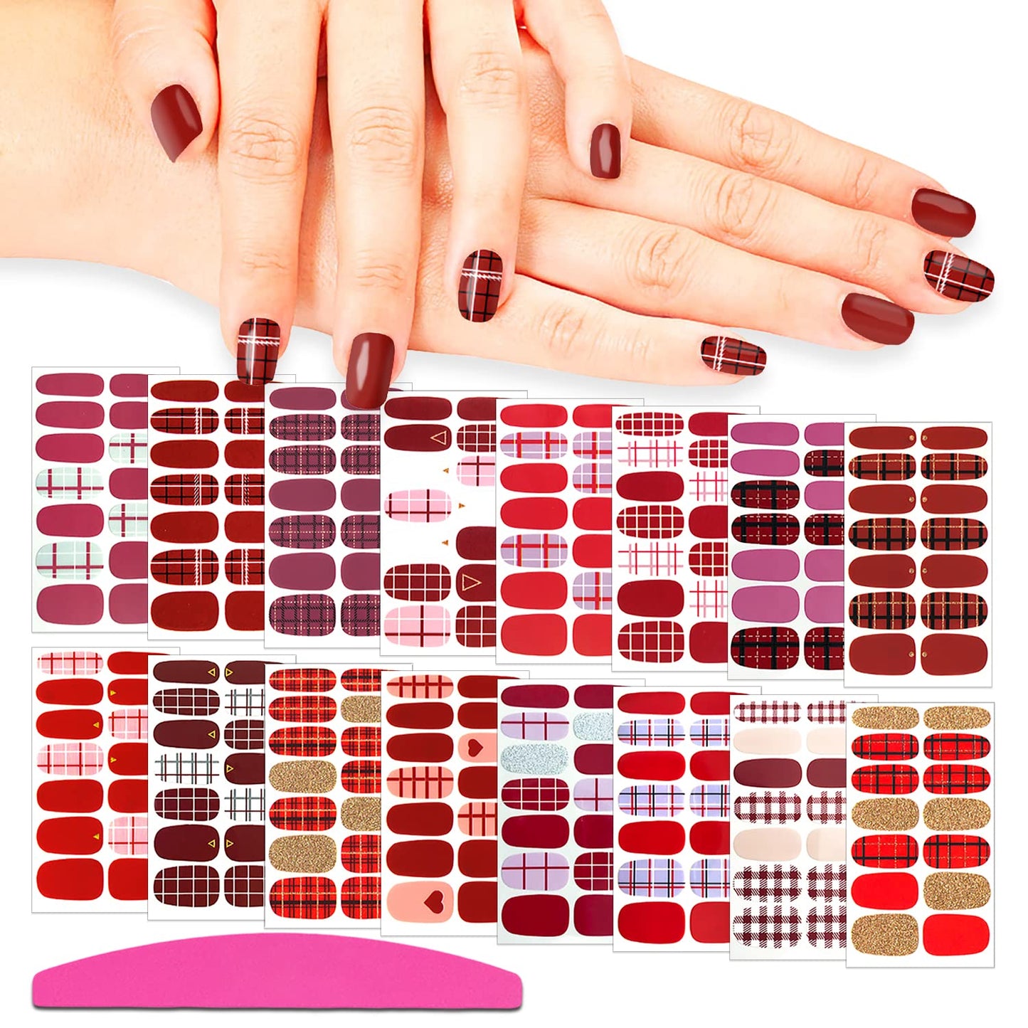 SILPECWEE 16 Sheets Red Plaid Nail Polish Strips for Women Nail Stickers Full Nail Wraps Self Adhesive Nail Sticker Polish Gel Nail Strips Stick on Nails with 1pc Nail File