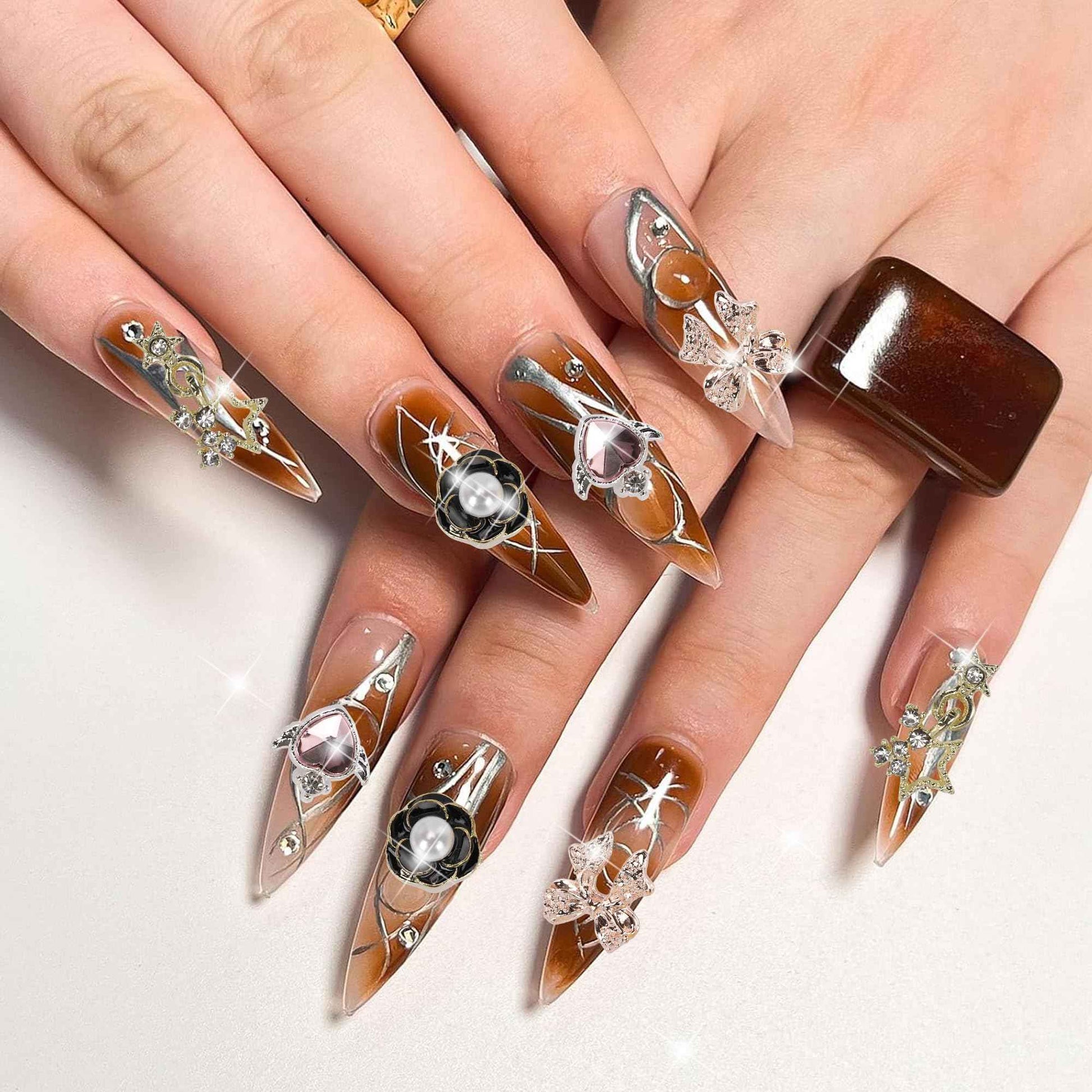 COOSLIM 30PCS Nail Charms Y2k Alloy Nail Art Rhinestone Charms 3D Heart Star Bow Butterfly with Rhinestones Cross Flower Nail Gems Shiny Jewelry Planet Nail Decorations Accessories Supplies A