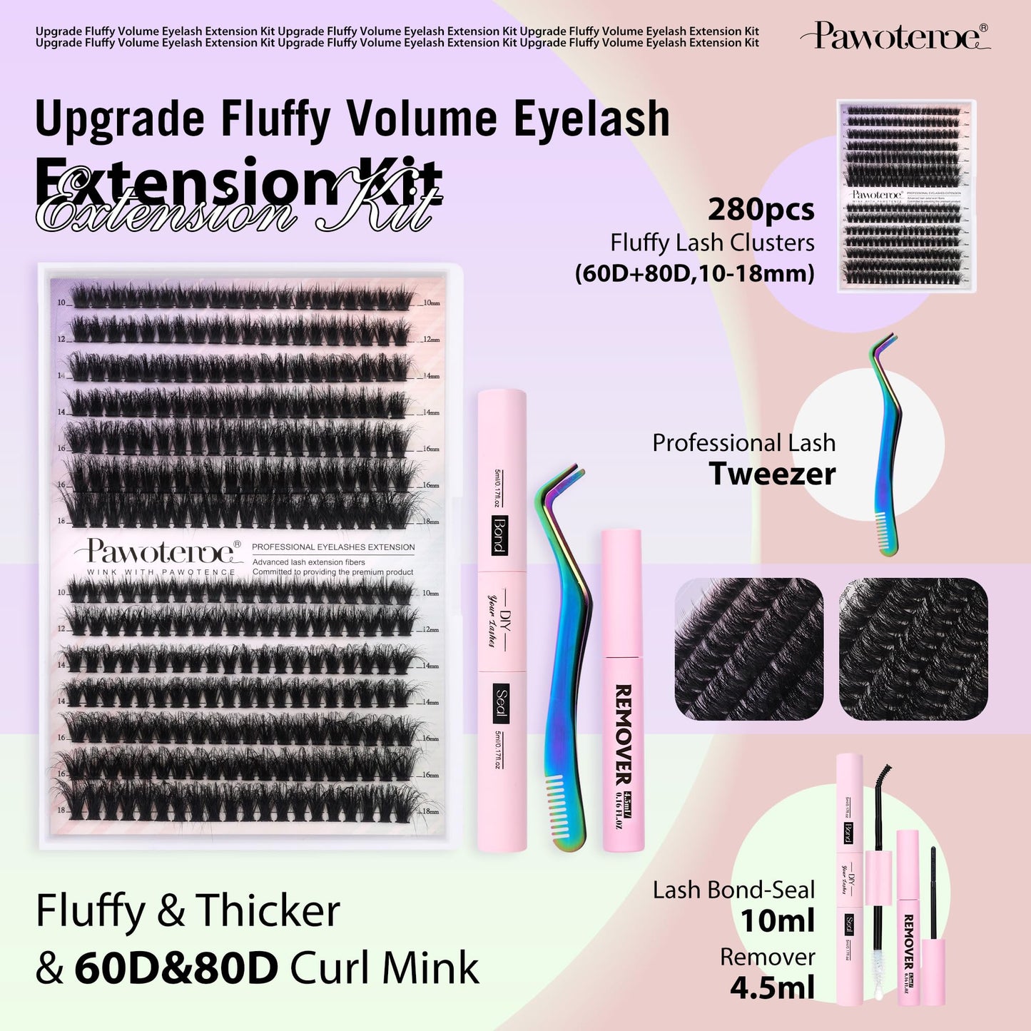 Fluffy Lash Extension Kit DIY Thick Lash Clusters Eyelash Extension Kit 280pcs Individual Lashes Kit with Lash Bond and Seal, Remover, Lash Tweezers for Self Use (MINK-60D&80D-10-18MIX-ALL KIT)