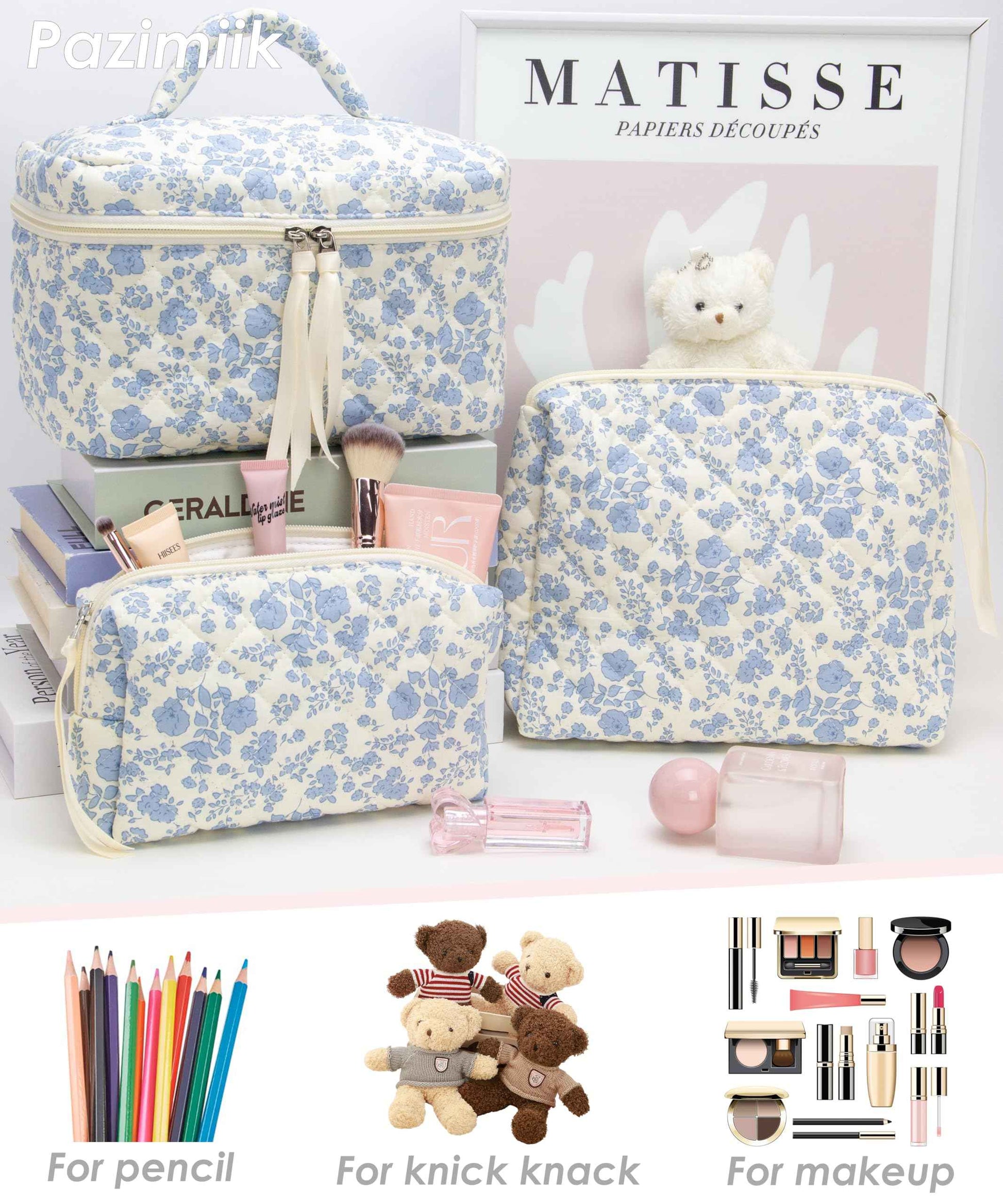 PAZIMIIK 3PCS Makeup Bag SET Large Travel Quilted Zipper Soft Cosmetic Case Pouch for Women Girls Make Up,Little Flower Blue