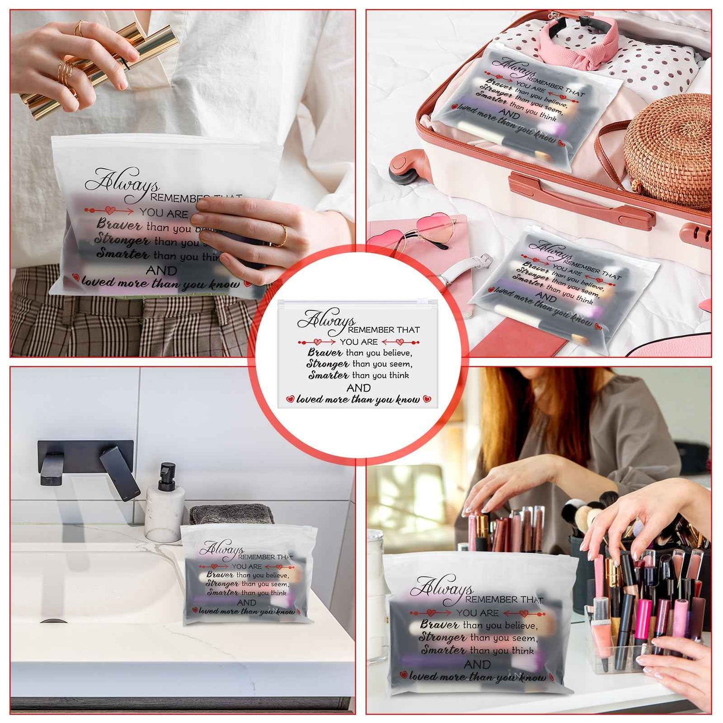 Sunnyray 60 Pcs Makeup Bags Bulk Inspirational Gifts Bags for Women EVA Cosmetic Bag with Zipper for Housekeeping Week Appreciation Gifts(Always Remember You Are Braver Than You Think)