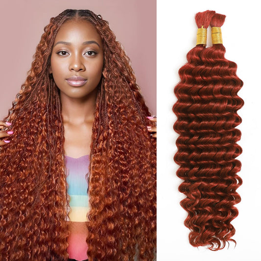 Human Braiding Hair for Boho Braids, Deep Wave Bulk Boho Braids Human Hair for Boho Knotless Braids Curly Bohemian Water Wave Braiding 70g 16 Inch Copper (2 No Weft Bundles/Pack)