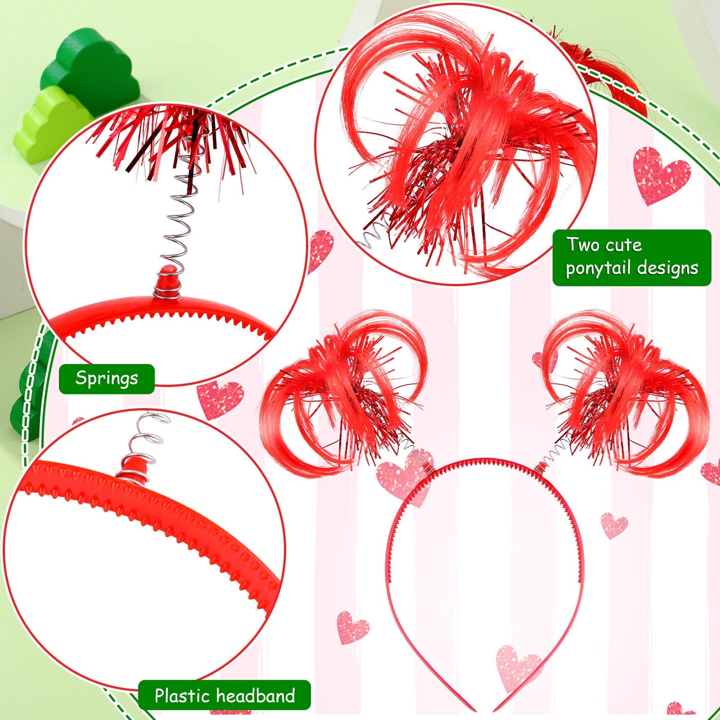 WILLBOND 6 Pcs Pom Pom Headbands Tinsel Wrapped Ponytails Bopper Headwear Hair Crazy Feathers for Halloween Costume(Red)