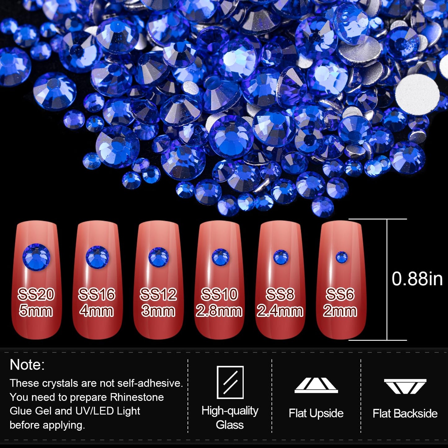 Rhinestones for Nails, Manicure Kit with Nail Rhinestone Glue Gel, Multi Shapes Dark Blue Glass 3D Nail Charms + Flatback 2-5mm Round Beads & Gem Glue for Nails (UV/LED Needed) with Dotting Tools