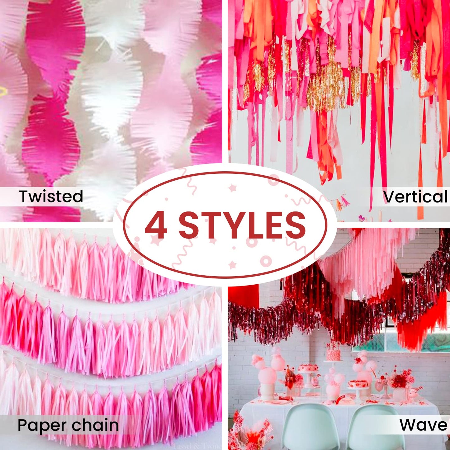 PartyWoo Crepe Paper Streamers 6 Rolls 492ft, Pack of Red, Pink, Hot Pink, Dark Pink, White Crepe Paper for Birthday Decorations, Party Decorations, Valentines Day Decorations (1.8 Inch x 82 Ft/Roll)