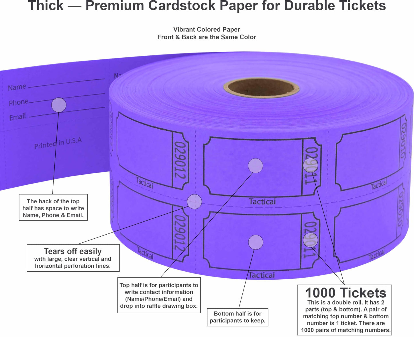 Tacticai 1000 Raffle Tickets, Blank, Purple (8 Color Selection), Double Roll for Events, Entry, Class Reward, Fundraiser & Prizes