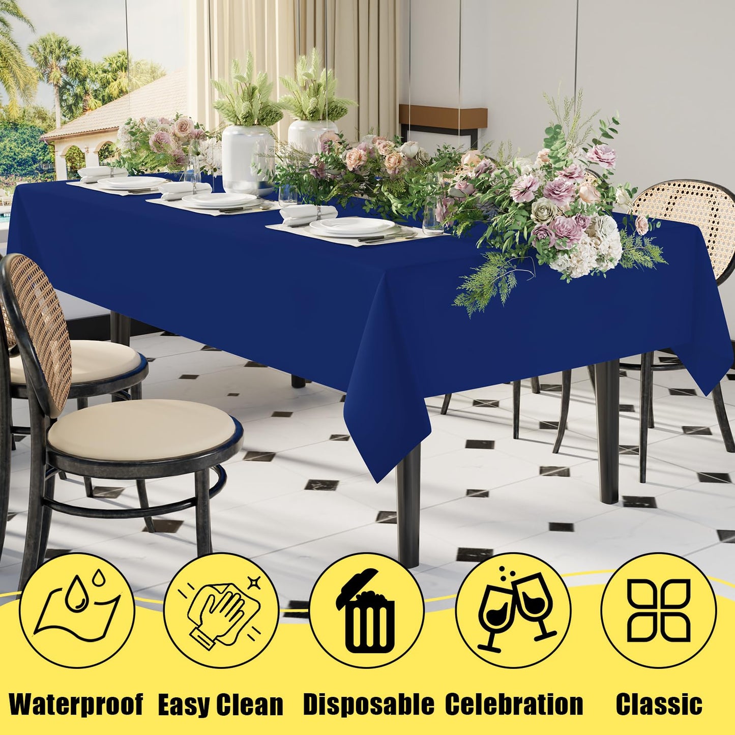 Smiry Disposable Table Cloth - 6 Pack, 54 x 108 Inch Table Cloths for Parties, Decorative Tablecloths for Rectangle Tables, Waterproof Plastic Table Cover, Leakproof & Sturdy, Navy