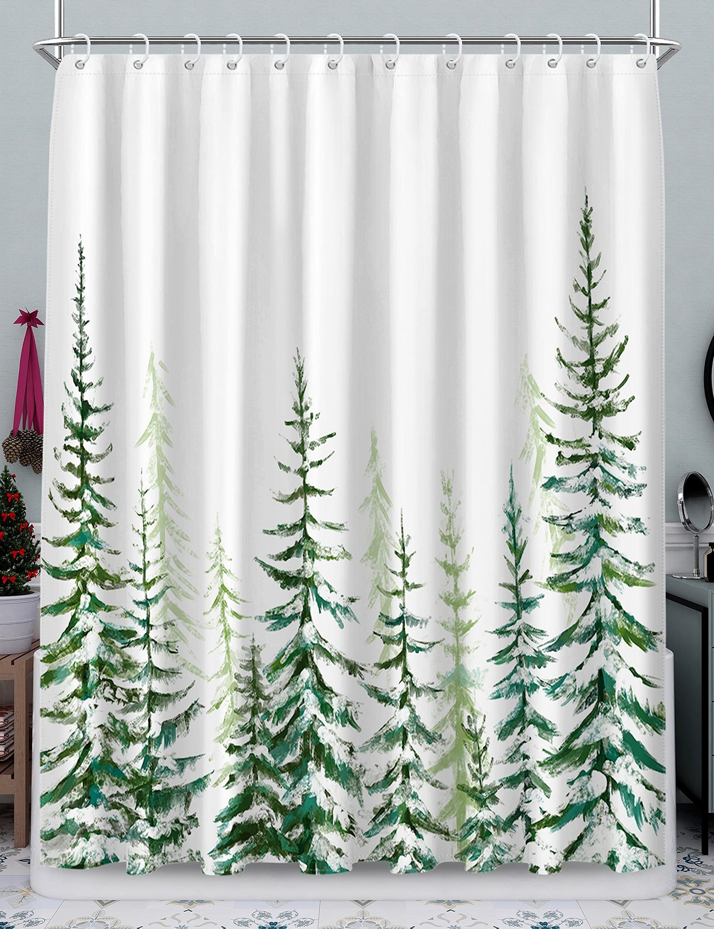 Maxpeuvon Christmas Shower Curtain for Bathroom Green Tree Farmhouse Rustic Modern White Snow Landscape Cloth Bathroom Curtain Sets with Hooks 72X72 inch