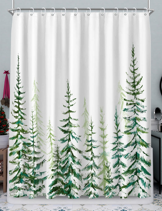 Maxpeuvon Christmas Shower Curtain for Bathroom Green Tree Farmhouse Rustic Modern White Snow Landscape Cloth Bathroom Curtain Sets with Hooks 72X72 inch