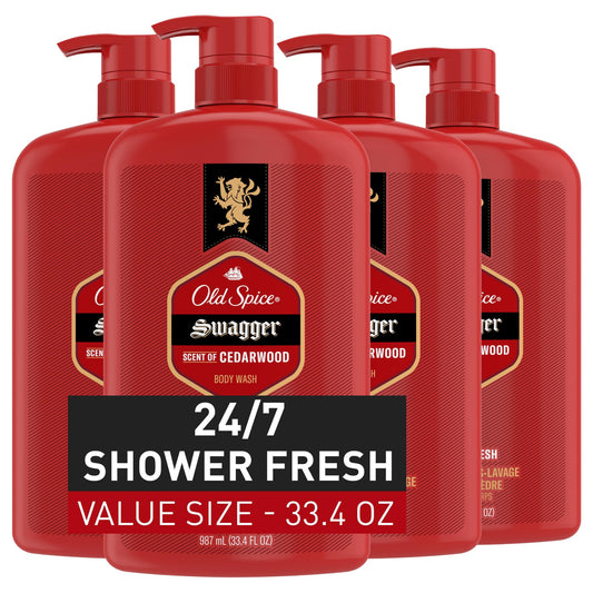 Old Spice Body Wash for Men, 24/7 Shower Fresh with Lasting Scent, Red Collection, Swagger with Cedarwood Scent, 33.4 fl oz (Pack of 4)