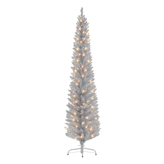 6 ft Pre-lit Silver Tinsel Pencil Tree, 250 Tips, 100 UL Clear Incandescent Lights