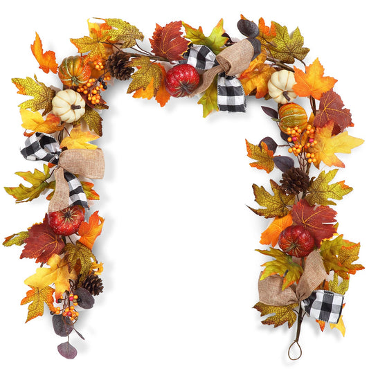 Adeeing 6 Ft Thanksgiving Fall Garland Decor, Artificial Autumn Garlands with Pumpkins, Maple Leaves, Ribbon and Pine Cone for Indoor Outdoor Fireplace Window Home Decoration