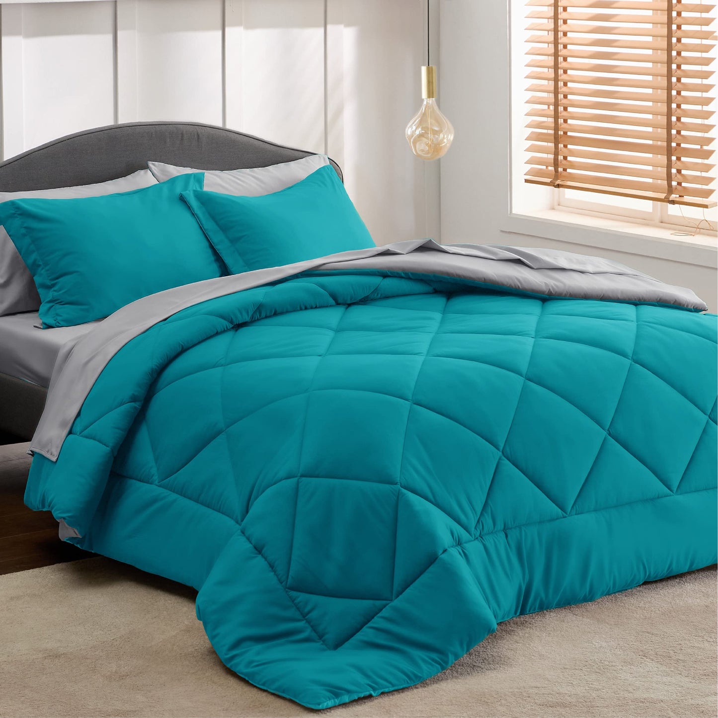 Bedsure Teal Twin Comforter Set - 5 Pieces Reversible Twin Bed in a Bag, Extra Long Twin Bed Set with Comforters, Sheets, Pillowcase & Sham, Twin Bedding Sets for College