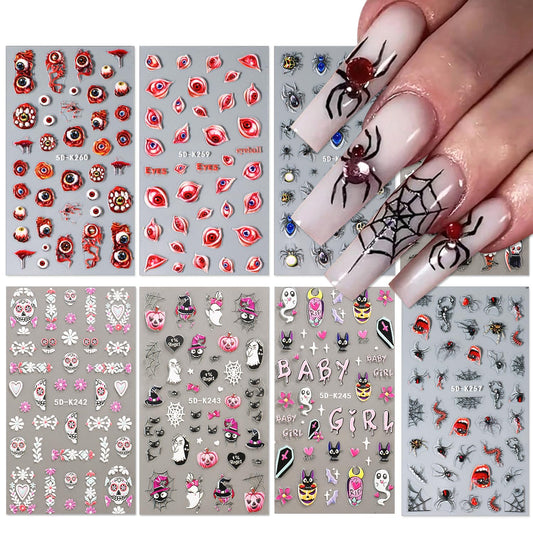 Day of The Dead Nail Stickers 5D Skull Pumpkin Head Skull Rose Ghost Spider Web Skeleton Bone Eye Design, Day of The Dead Nail SuppliesNail Art Supplies Nail Art Decoration 4 Sheets
