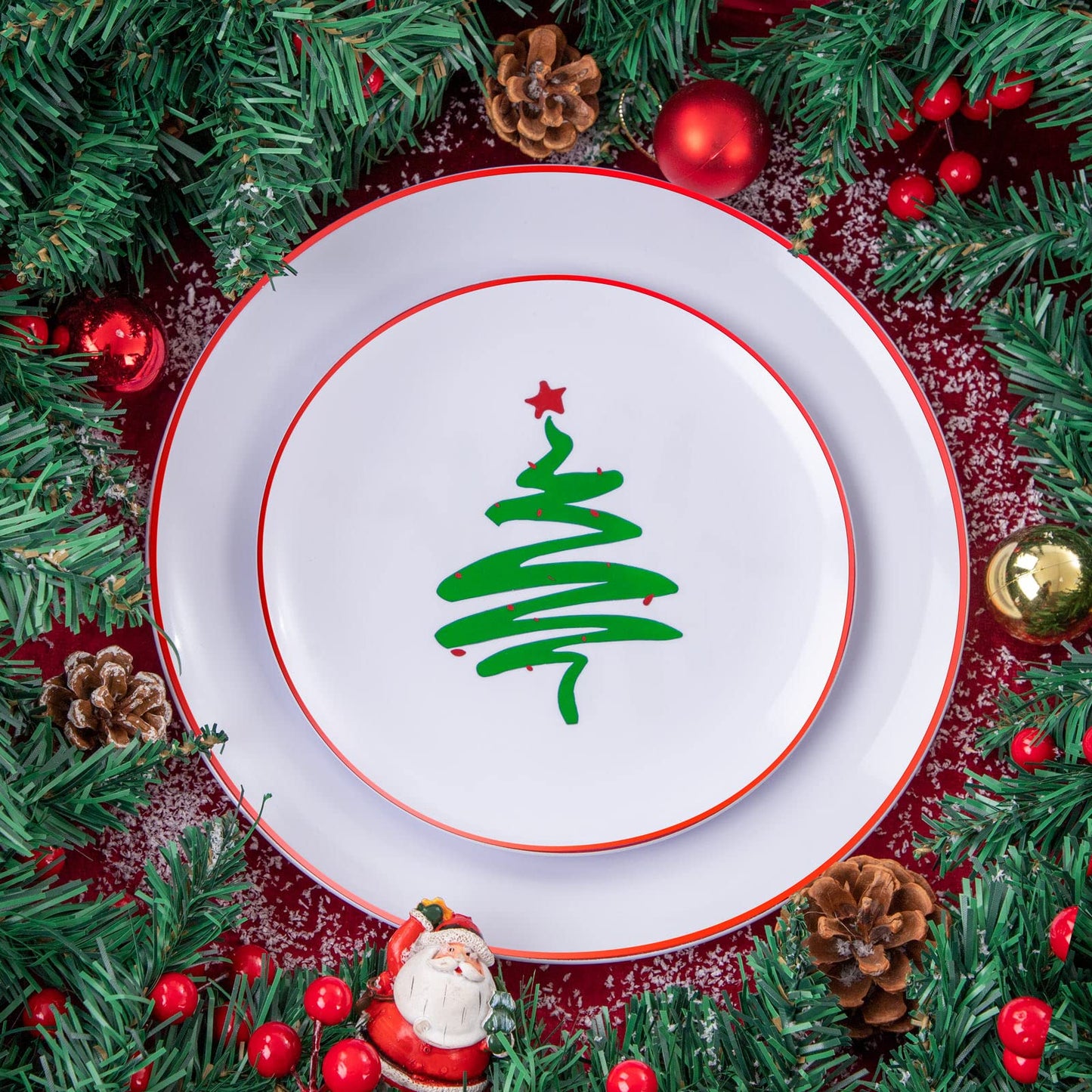 Supernal 180pcs Christmas Dinnerware set,Christmas Tree Plates,Christmas Plastic Plates with Red Rim,Gold Plastic Cutlery with White Handle,Gold Rim Cups,Christmas Party Decoration