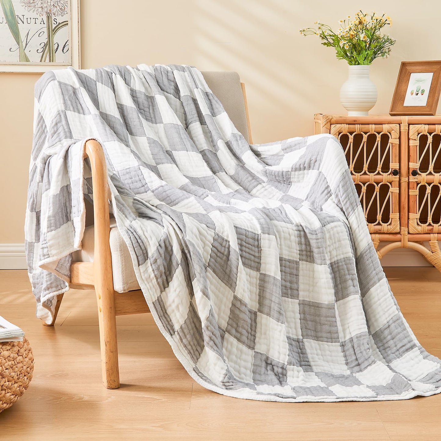 EMME Checkered Cotton Blanket Queen Size for Bed Soft Large Muslin Bed Blankets 80"x90" Lightweight Breathable Blanket All Season Gauze Blanket, Grey