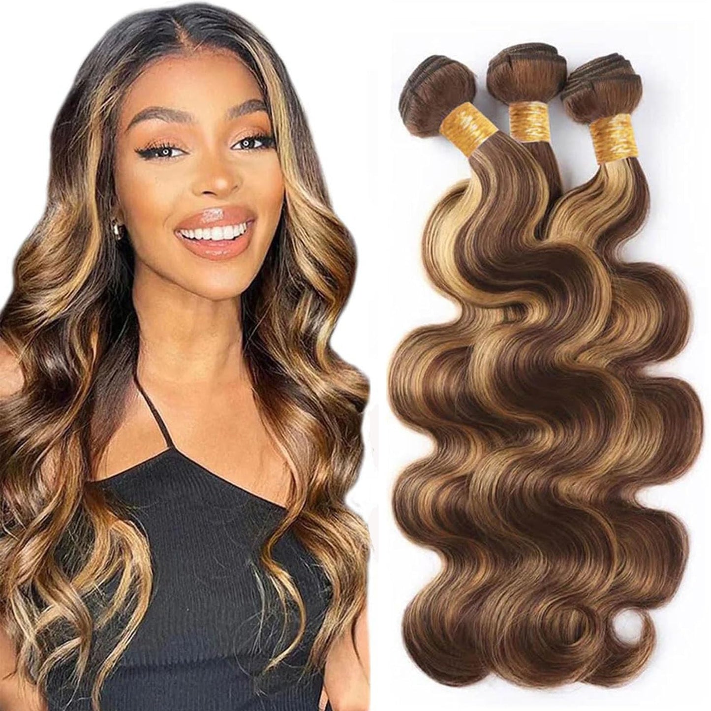 P4/27 Highlight Body Wave Human Hair Bundles Highlight Bundles Human Hair Body Wave Bundles Human Hair 8 10 12Inch 3 Bundles Brazilian Virgin Hair Bundles (P4/27-BD-8 10 12)