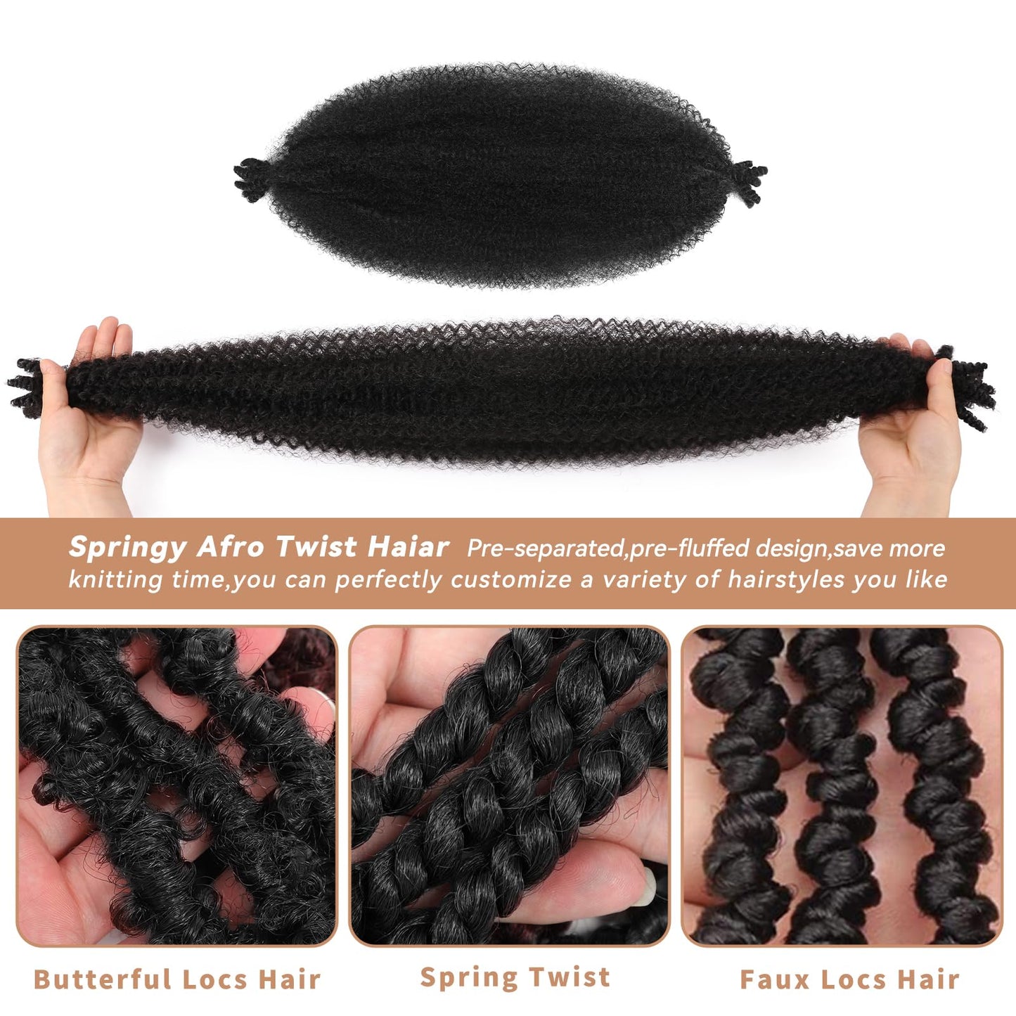 8 Packs Pre-Separated Springy Afro Twist Hair 8 Inch Spring Twist Hair Kinky Twist Crochet Hair for Black Women (1B#, 8 Inch(Pack of 8))