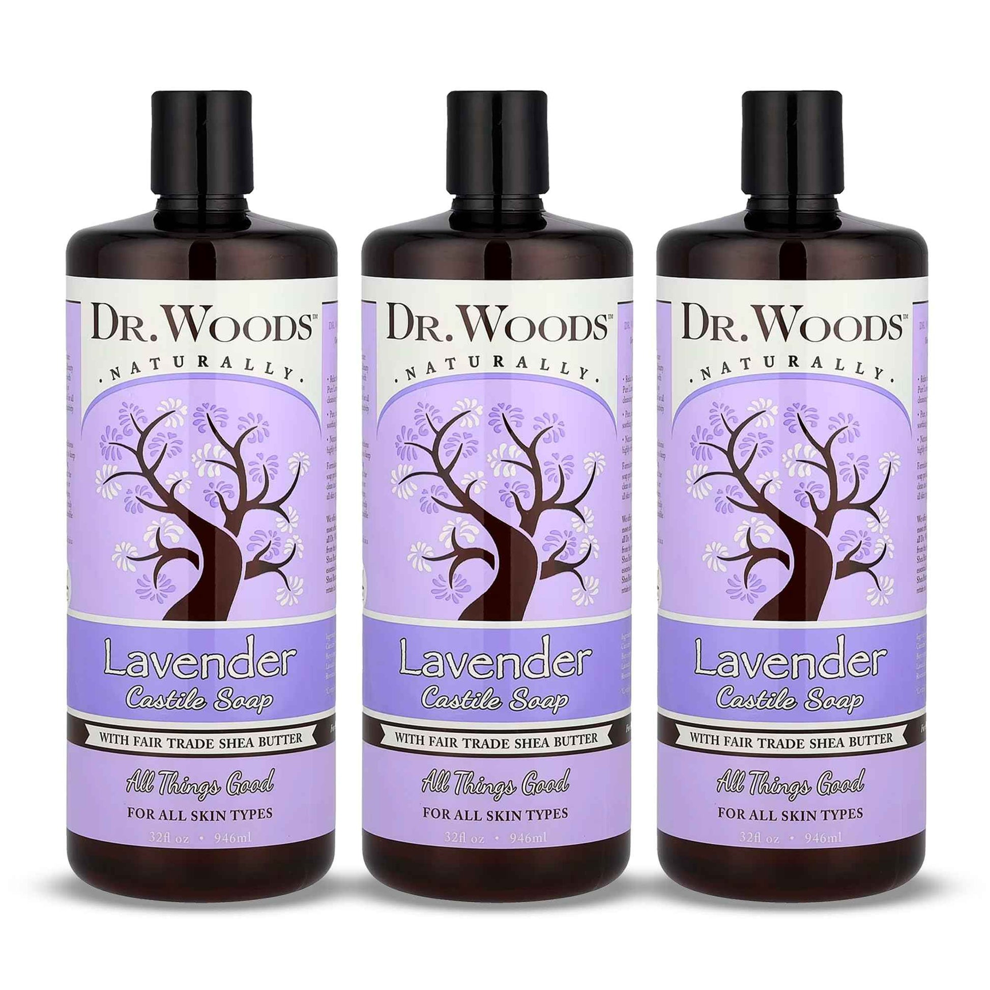 Dr. Woods Lavender Liquid Castile Soap - Castile Soap with Pure Lavender Oil, Body Wash for Men and Women, Organic Shea Butter, Natural Cleaner for Face, Hands, and Body - 32 Fl Oz, Pack of 3