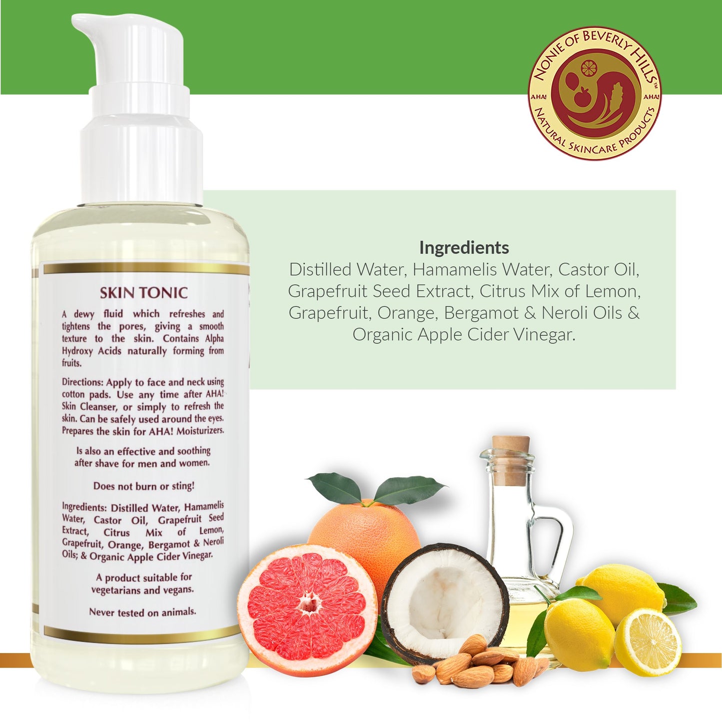 Nonie AHA All-Natural Skin Tonic with Castor Oil, Grapefruit Seed Extract, Citrus Mix of Lemon, Grapefruit, Orange, Bergamot & Neroli Oils & Organic Apple Cider Vinegar.