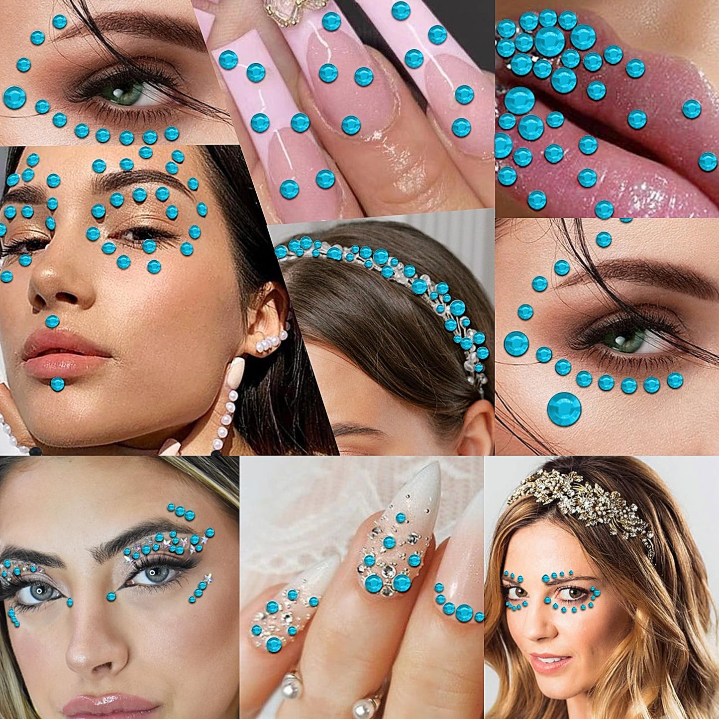 3555PCS Rhinestone Stickers for Crafts, Self Adhesive Gem Stickers 3/4/5/6/8 MM Face Jewels Stick on Bling Pearls for Face Eye Nail Hair Body Makeup Crafts DIY Scrapbooking Embellishments (Aqua Blue)