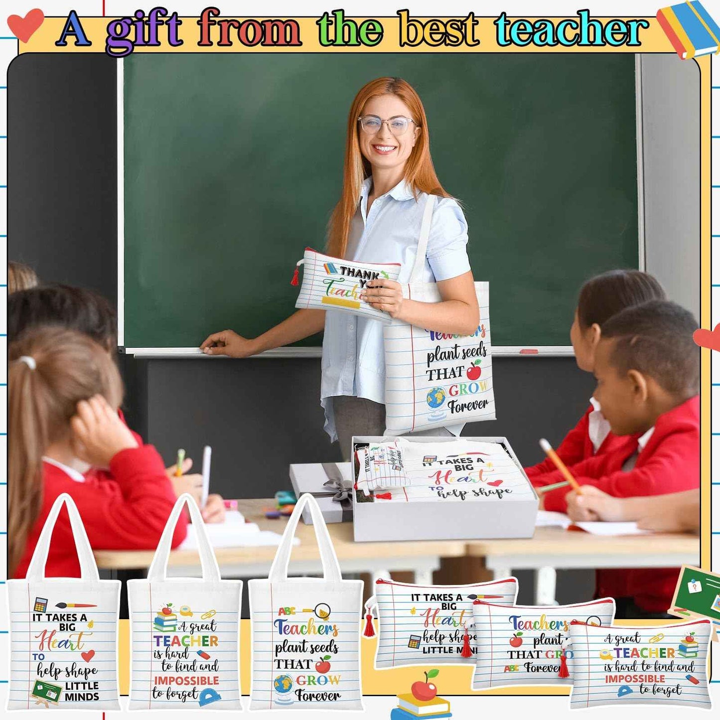 Paterr 12 Pcs Christmas Teacher Appreciation Gift for Women Christmas Gifts Ideas Basket Filler Canvas Teacher Tote Bag with Makeup Bag Notebook Style for Office School Classroom Supplies