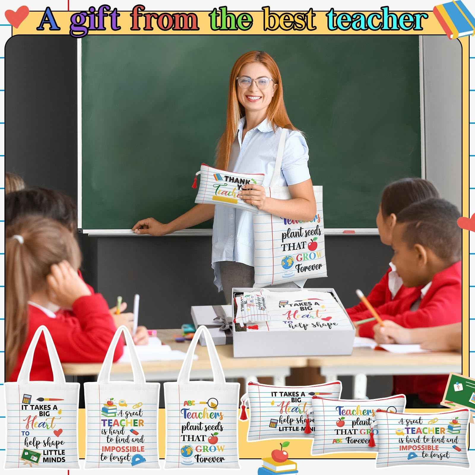 Paterr 12 Pcs Christmas Teacher Appreciation Gift for Women Christmas Gifts Ideas Basket Filler Canvas Teacher Tote Bag with Makeup Bag Notebook Style for Office School Classroom Supplies