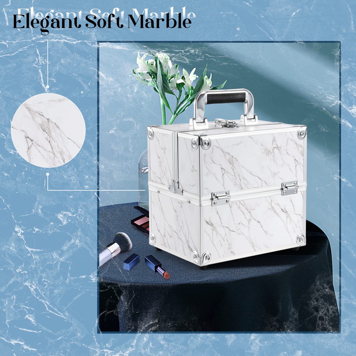 Frenessa Marble Leather Makeup Train Case Portable Cosmetic Case 4 Trays Storage Organizer for Make Up Nail Tech Crafter Makeup Tools Cosmetic Case Marble