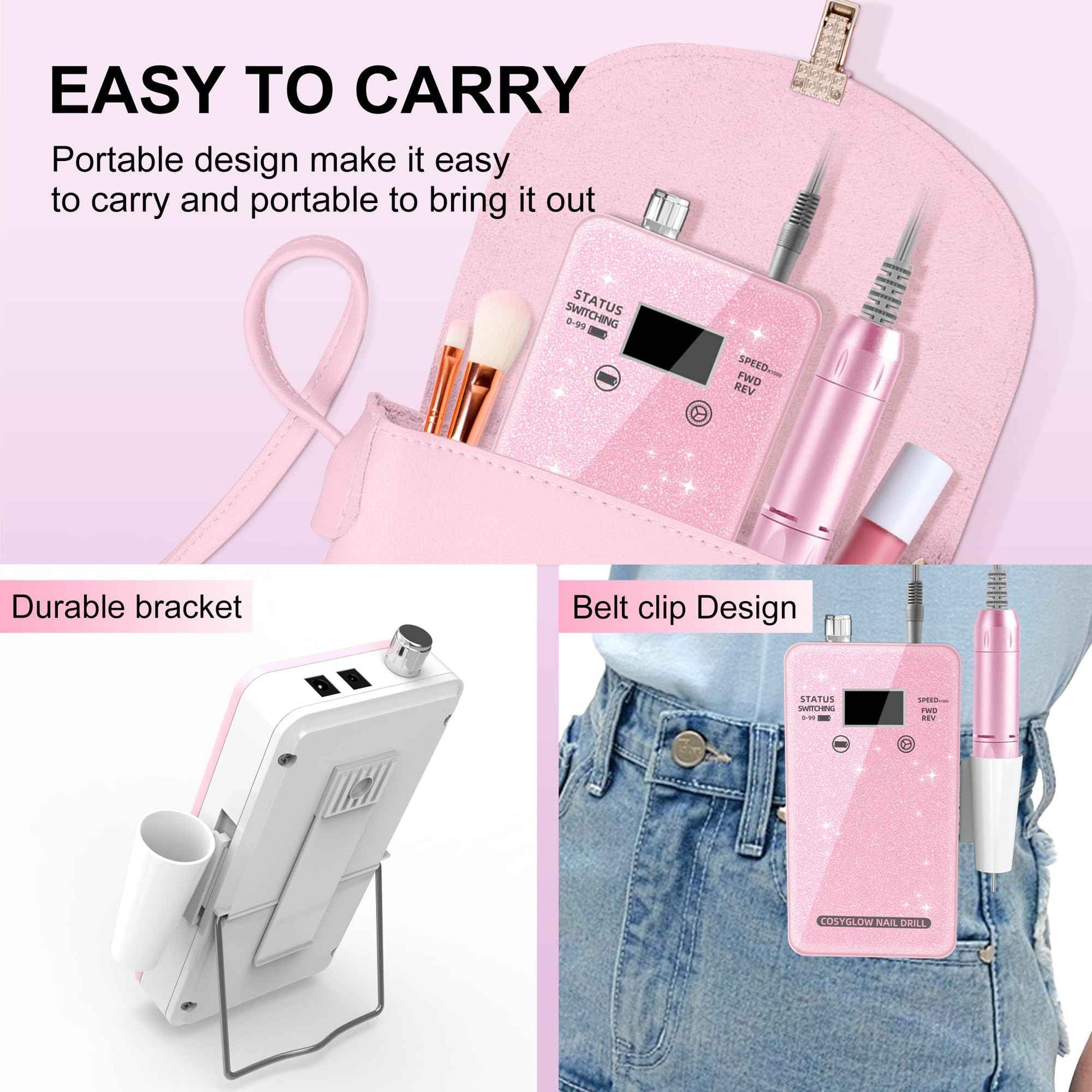 Professional Electric Nail Drill File:COSYGLOW Glitter Portable Cordless E-File Nail Drill Kit with 11 Drill Bits,30000 RPM Rechargeable Nail Drills Machine for Acrylic Nails Gel Polishing (Pink)