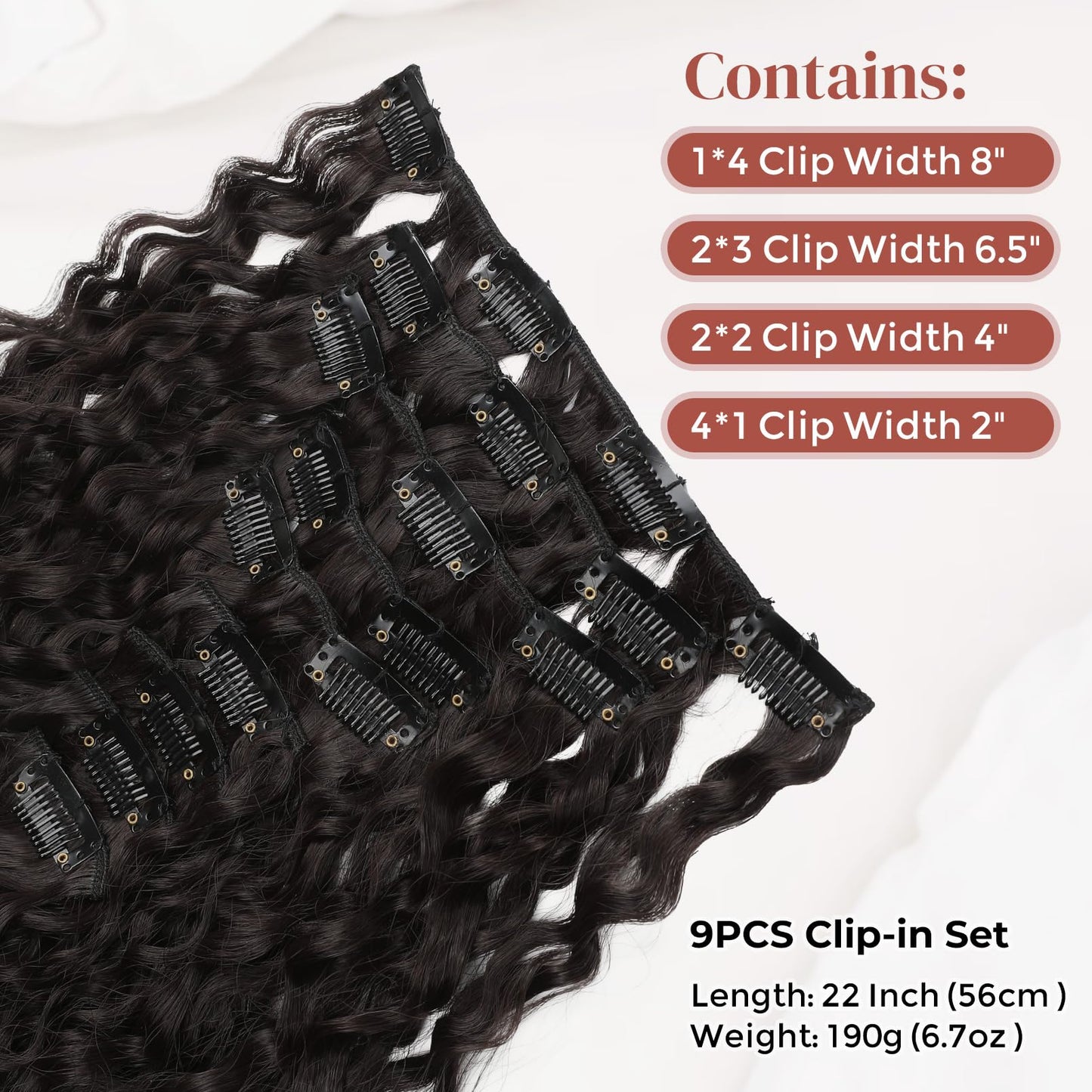 LONAI Hair Extension,9PCS 22" Curly Clip in Hair Extensions LN002 Long Soft Thick Synthetic Hairpieces for Women-Black Brown