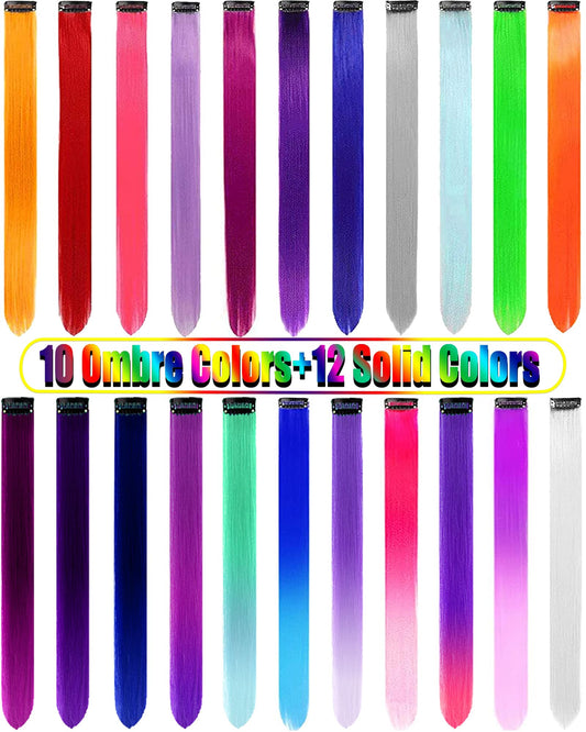 Olldag 22 PCS Colored Hair Extensions Clip in, Multi-color Party Highlights Synthetic Neon Ombre Hair Extensions, Rainbow Hair Accessories for Girls Women Kids Hair Pieces (22-inch Colorful)