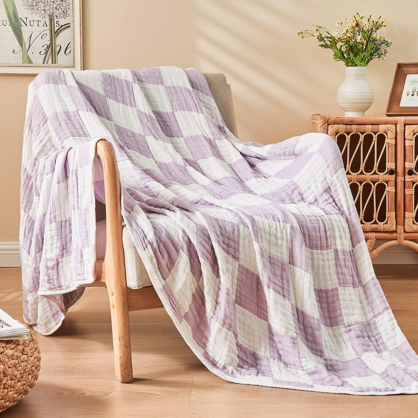 EMME Checkered Cotton Blanket Queen Size for Bed Soft Large Muslin Bed Blankets 80"x90" Lightweight Breathable Blanket All Season Gauze Blanket, Lavender