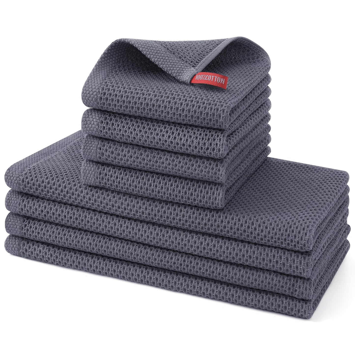 Kitinjoy 100% Cotton Kitchen Towels and Dishcloths Set, 8 Pack Waffle Weave Dish Towels Ultra Soft Absorbent Quick Drying Dish Rags, 13 x 28 Inch and 12 X 12 Inch, Dark Grey