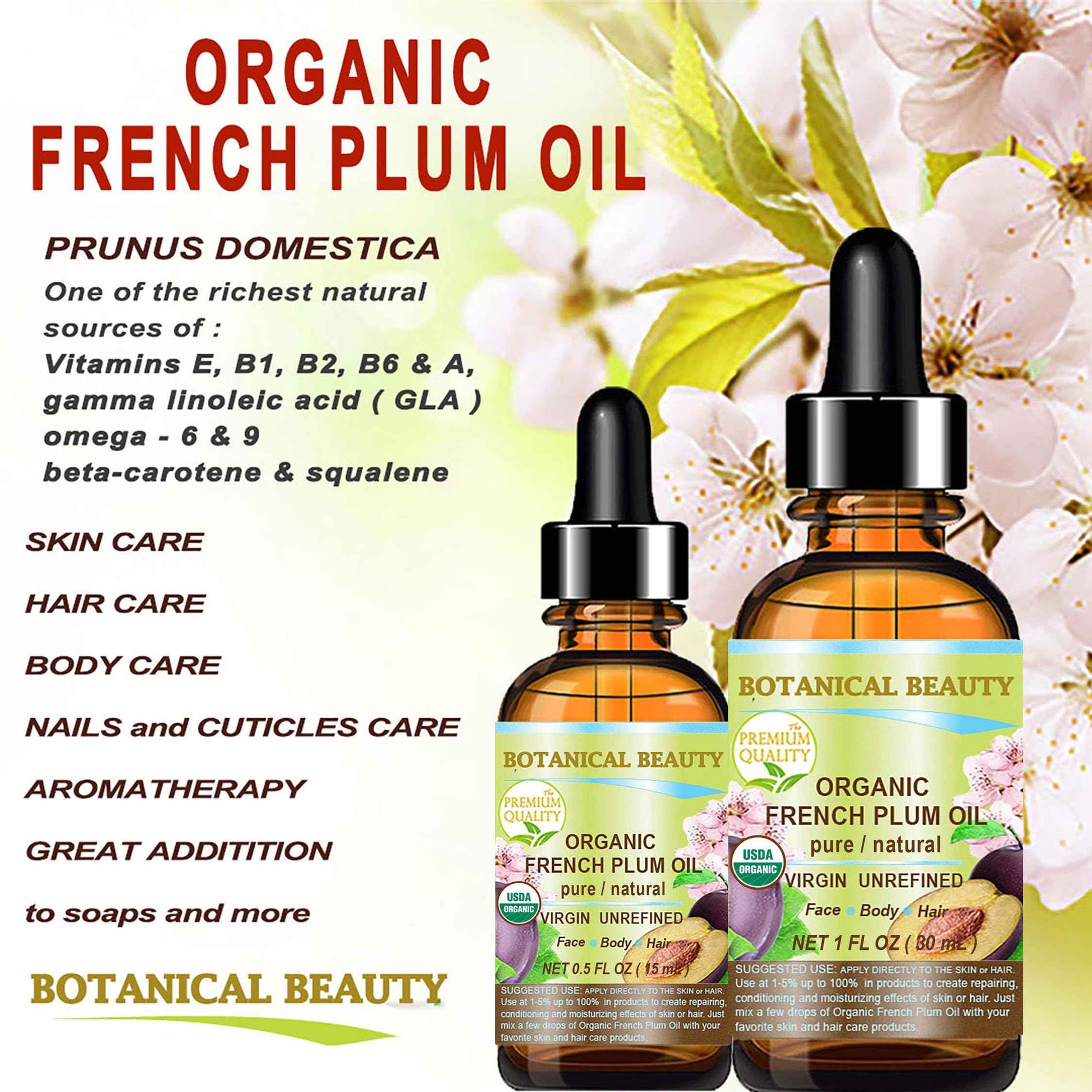Botanical Beauty Organic French PLUM OIL 100% Pure Natural VIRGIN UNREFINED Cold-Pressed Carrier Oil for Face, Skin, Body, Hair, Lip, Nails. Rich in Vitamin E, Omega 6, Omega 9 (1 Fl Oz)