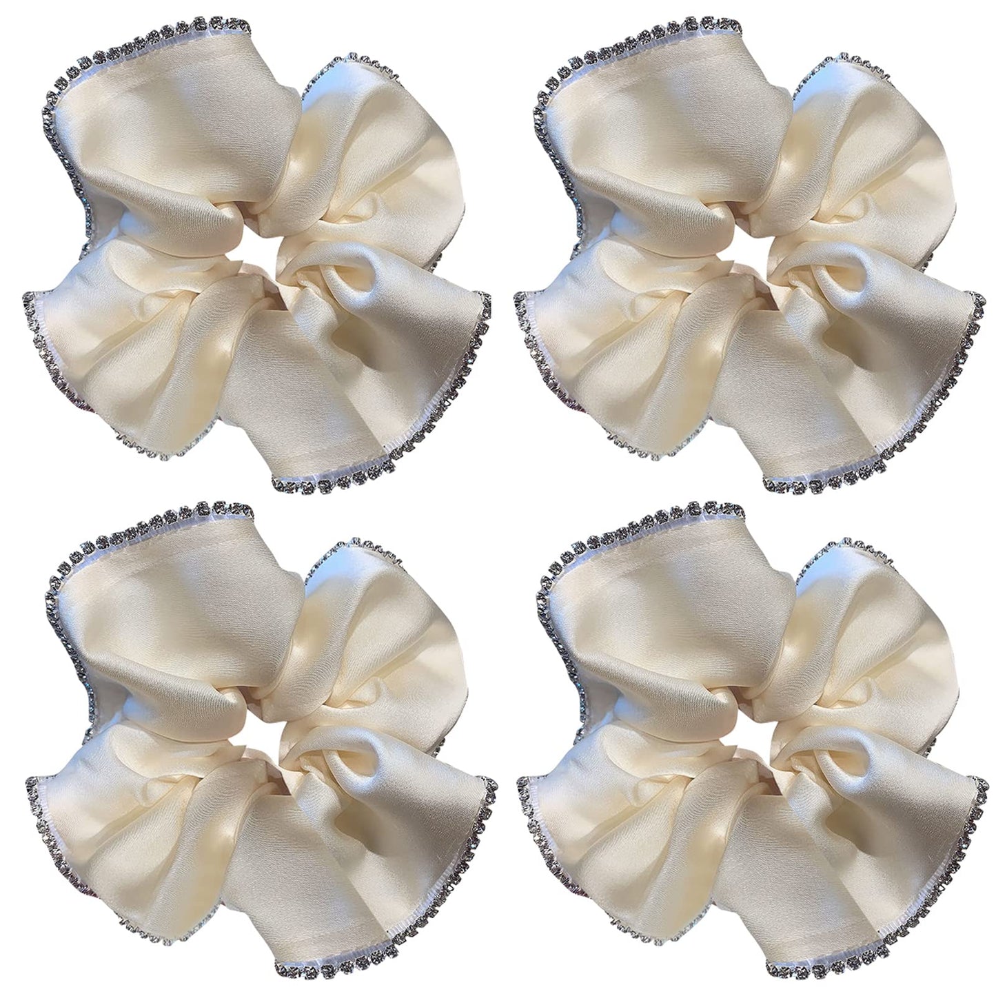 4 Pack Sparkle Satin Hair Scrunchies for Thick Hair Bright Silky Hairstyle Ponytails Holder Rhinestone Border Hair Scrunchy Elastic Hair Bands Ties Hair Accessories Pineapple Hair Wrist Band for Women Girls Bridesmaid Curly Coarse Hair Bun Workouts (White