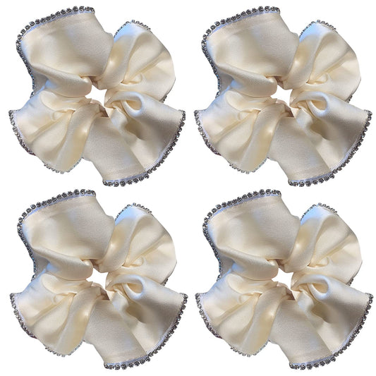 4 Pack Sparkle Satin Hair Scrunchies for Thick Hair Bright Silky Hairstyle Ponytails Holder Rhinestone Border Hair Scrunchy Elastic Hair Bands Ties Hair Accessories Pineapple Hair Wrist Band for Women Girls Bridesmaid Curly Coarse Hair Bun Workouts (White