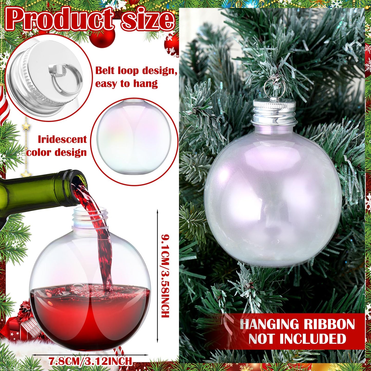 12 Pcs Christmas Drink Balls 3 Inches Drink Ornament Balls Iridescent Christmas Fillable Drinks Christmas Hanging Booze Balls Juice Pendant Bottle Bulbs for Party Decor 250ml