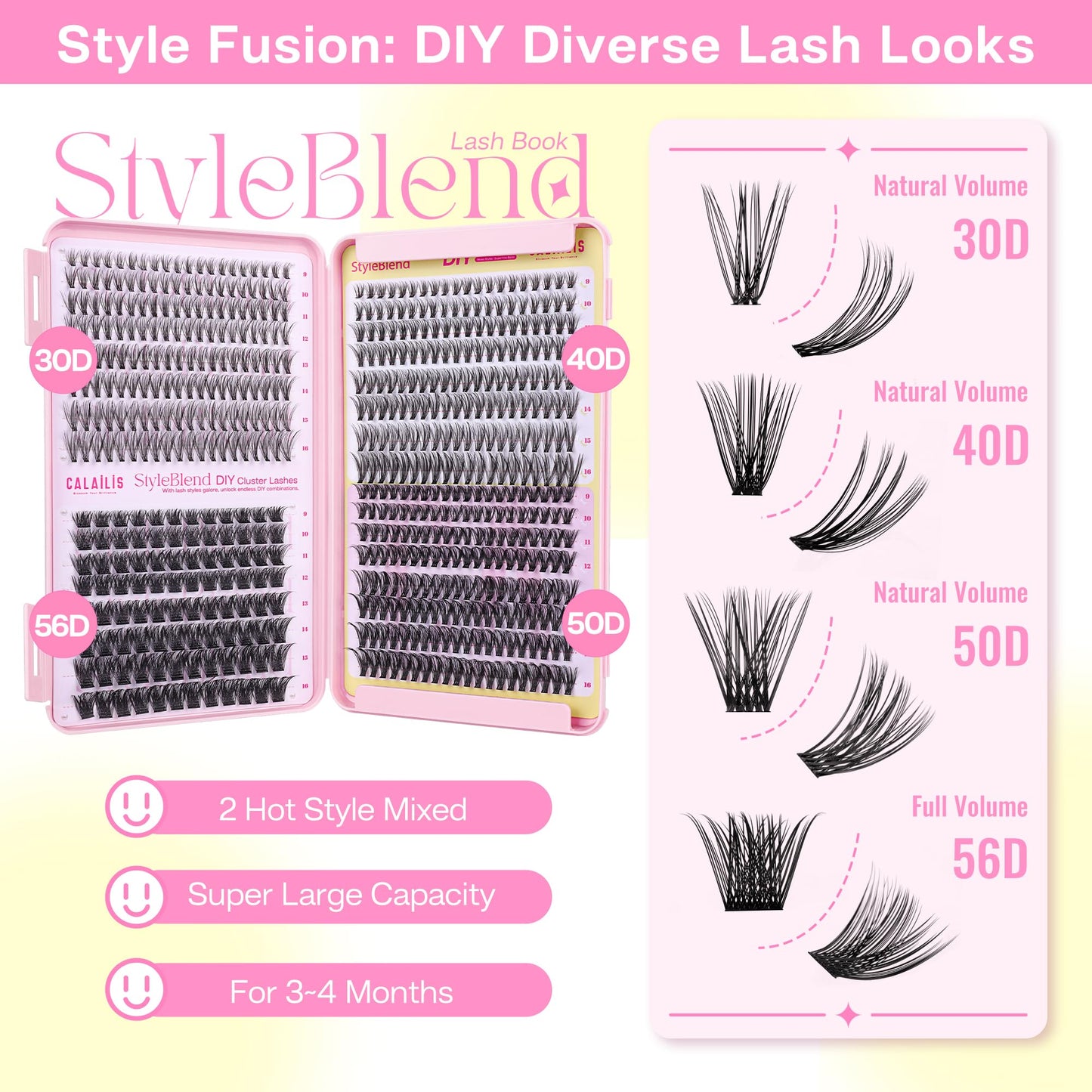 CALAILIS Lash Clusters Wispy 576Pcs D Curl Cluster Eyelash Extensions Multi-Type Mixed DIY Eyelash Clusters Soft and Reusable Ultra-Large Capacity Individual Cluster Lashes (30D&40D&50D&56D)