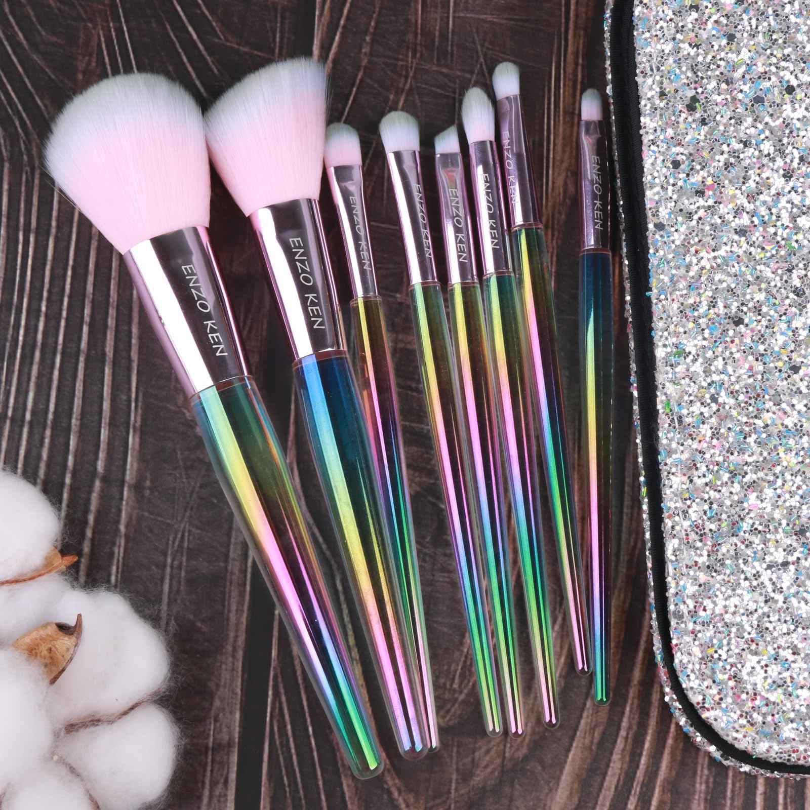 Rainbow Crystal Makeup Brushes Set Professional, Vegan Makeup Brush Set with Case by ENZO KEN, Bedazzled Cosmetic Brushes Makeup Set, Sparkly Make up Brushes Set Professional, Makeup Brush Set Vegan.