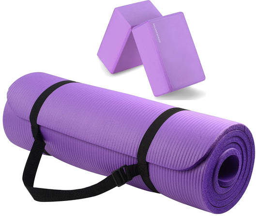 Signature Fitness All Purpose 1/2-Inch Extra Thick High Density Anti-Tear Exercise Yoga Mat with Carrying Strap and Yoga Blocks, Purple