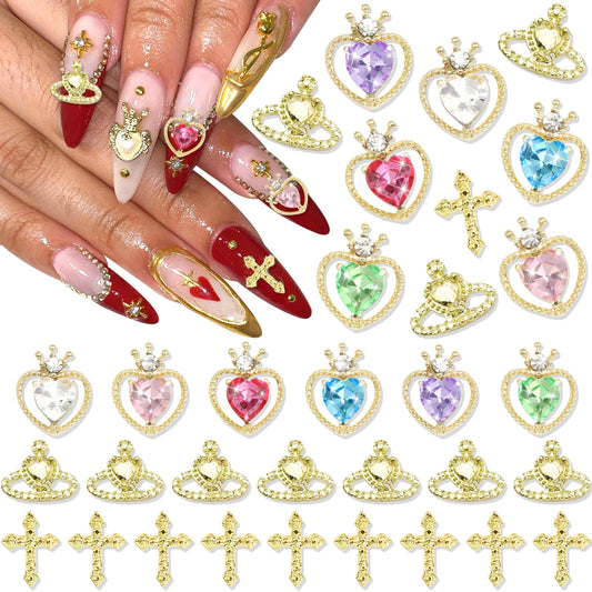 RODAKY 32PCS Gold Nail Charms 3D Heart Nail Jewelry Crystal Rhinestone Metal Cross Nail Art Charms Shiny Nail Gems for Manicure Design Nail Decoration Nail Art Supplies Accessories